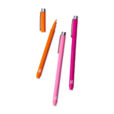Pink, light pink and orange felt tip pens with black ink.