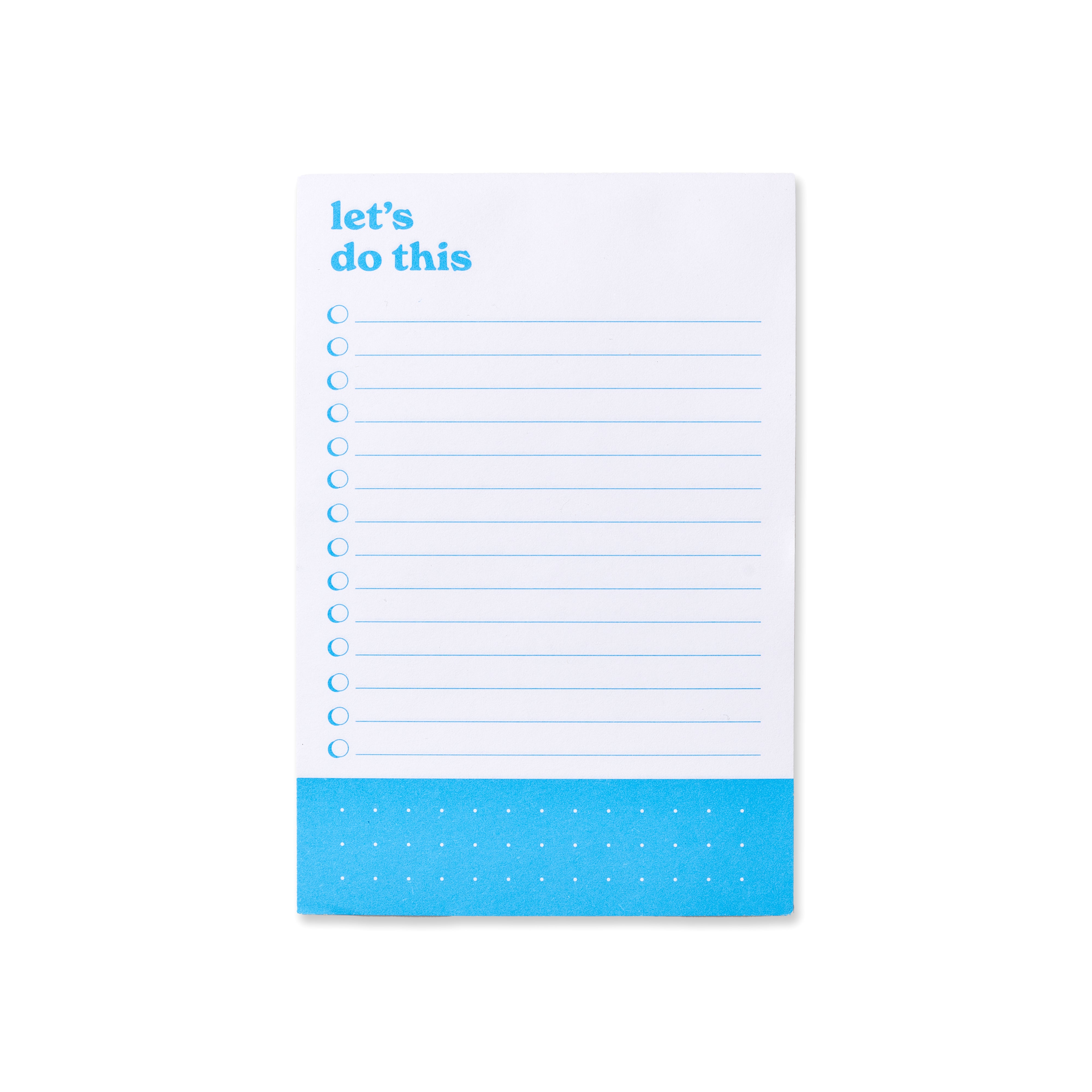 list pad with check boxes and a dotted section at the bottom. blue and white colorway.